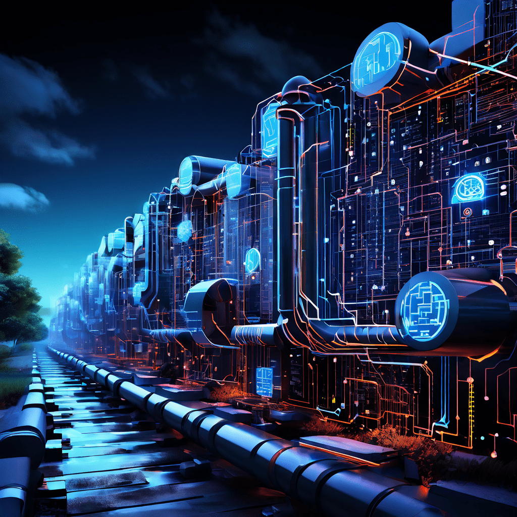 IoT 시스템의 취약성을 상징적으로 드러내는 복잡한 디지털 데이터 파이프라인이 균열과 오류 표시를 보이며 단편화된 정보를 흐르게 하고 있습니다.