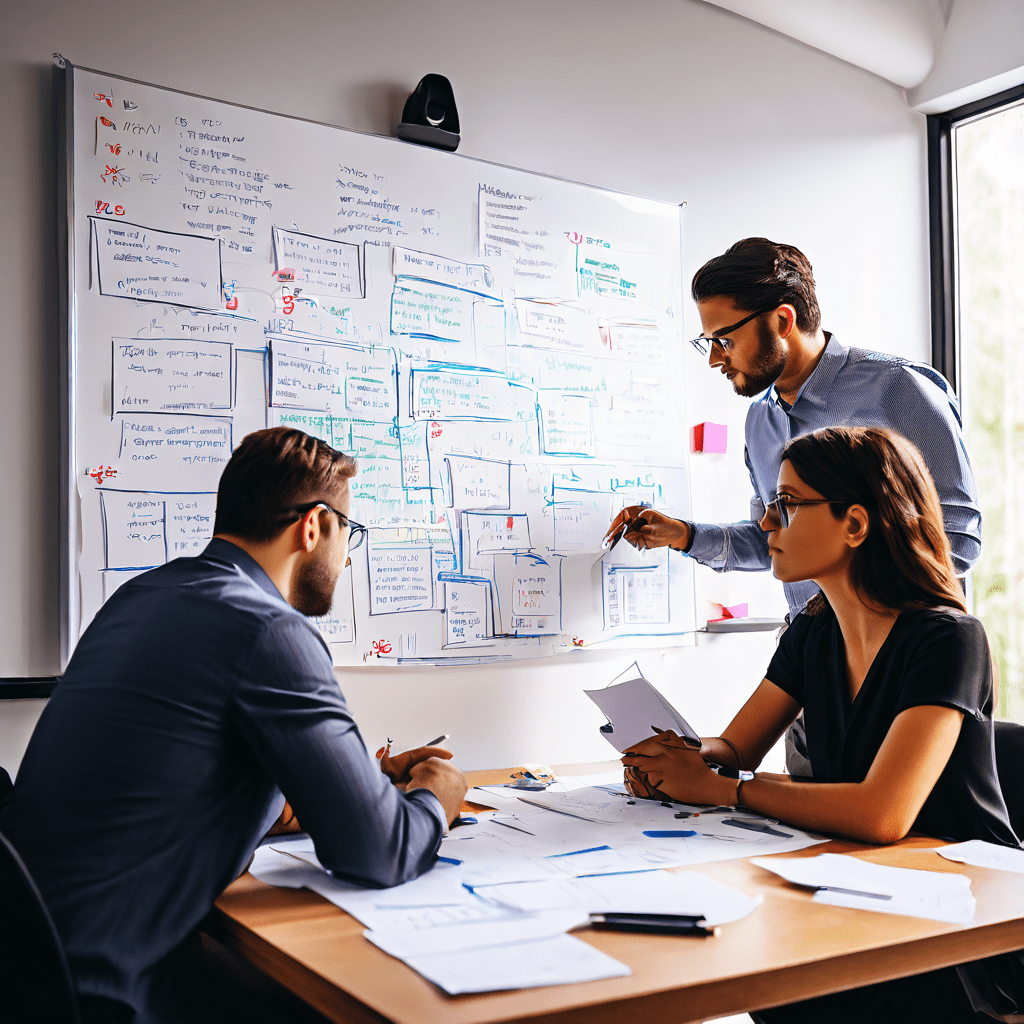 팀원들이 테이블 위에 방치된 세부 계획서보다 대화와 협업을 우선하며 화이트보드에 아이디어를 빠르게 스케치하는 창의적인 브레인스토밍 장면을 담은 이미지입니다.