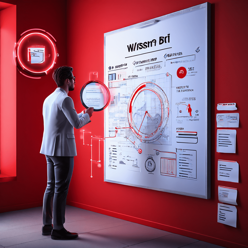 빨간색 장벽으로 가로막힌 구매 이유 순서도를 확대경으로 살펴보는 모습이다.