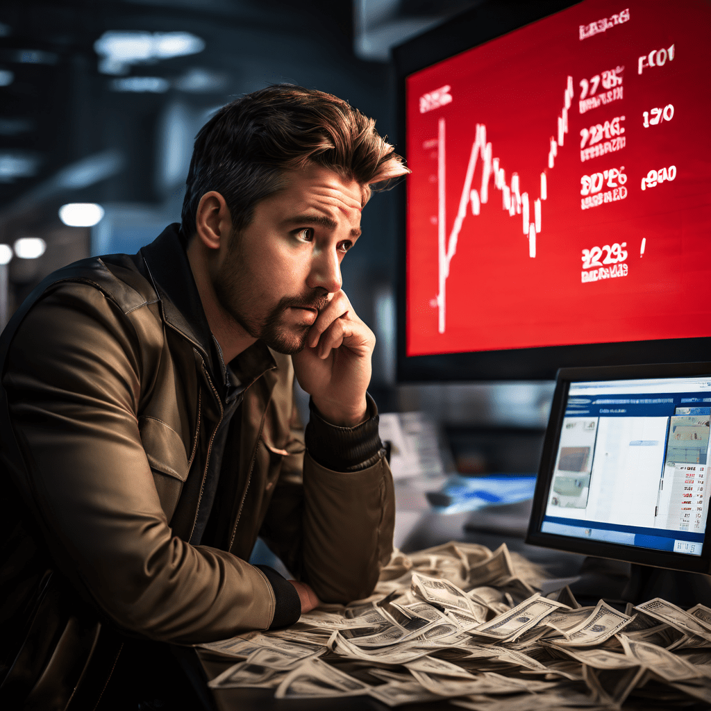 붉은색 화살표가 높은 수수료와 불리한 환율을 가리키는 환전소에서, 외국 화폐를 들고 고민하는 사람의 모습이다.